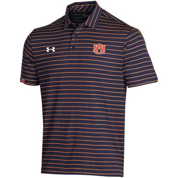 NWOT Under Armour Navy Blue and Orange Striped Auburn Polo Shirt - Picture 1 of 5